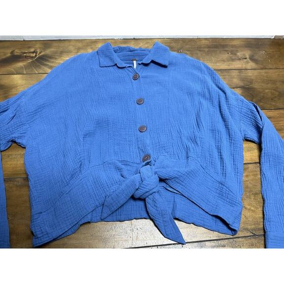 Free People Sunstreaks Tie Front Button Down Blouse Blue Size Large - Picture 2 of 9